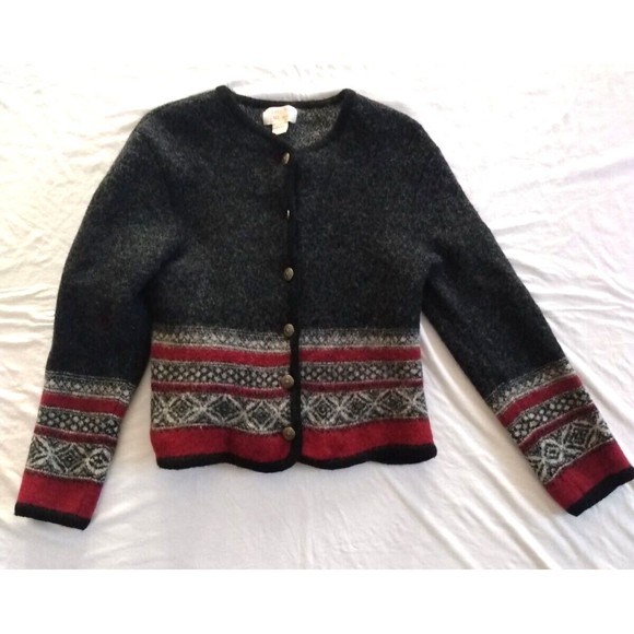 Vintage Tally Ho Women's Off-Black Gray Dark Red Wool Cardigan Sweater L - Picture 6 of 16